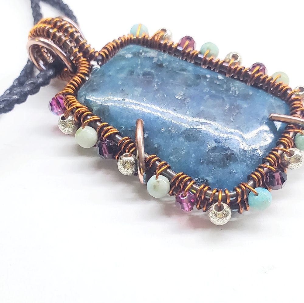 Reversible Copper Wire Wrapped Dancing Ballerina Teal Dyed Kiwi Stone Pendant Necklace