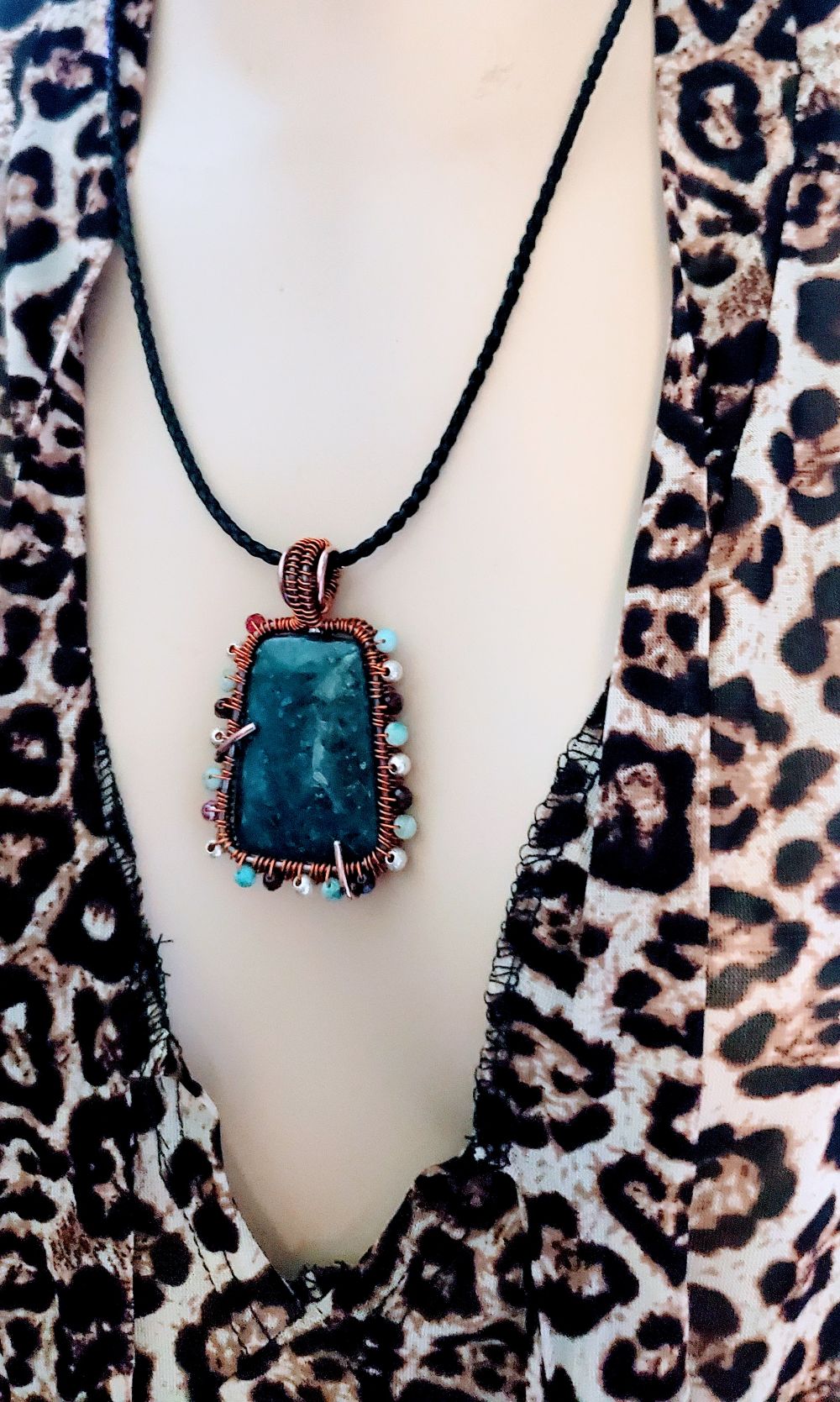 Reversible Copper Wire Wrapped Dancing Ballerina Teal Dyed Kiwi Stone Pendant Necklace