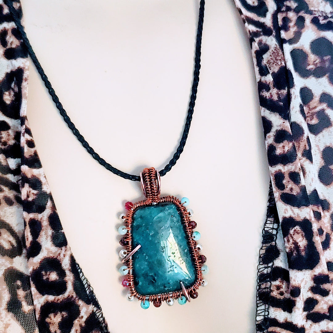 Reversible Copper Wire Wrapped Dancing Ballerina Teal Dyed Kiwi Stone Pendant Necklace