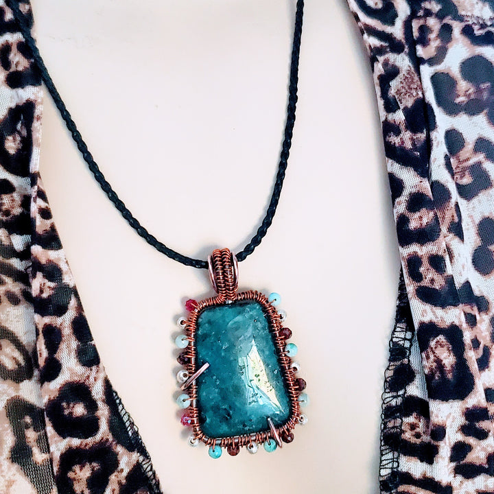 Reversible Copper Wire Wrapped Dancing Ballerina Teal Dyed Kiwi Stone Pendant Necklace
