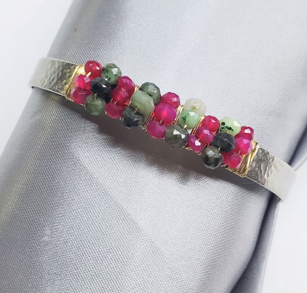 14 K Gold Filled Wire Wrapped Ruby Emerald Gemstone Stainless Steel Cuffs