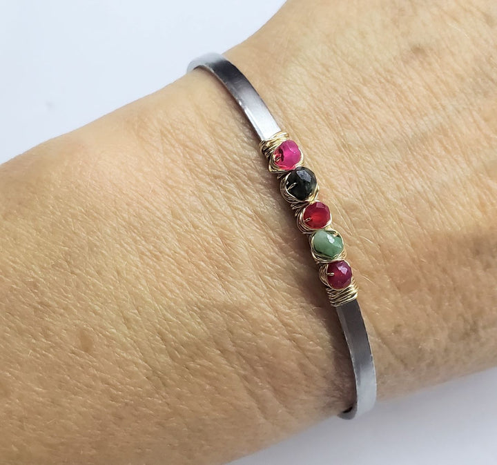 14 K Gold Filled Wire Wrapped Ruby Emerald Gemstone Stainless Steel Cuffs