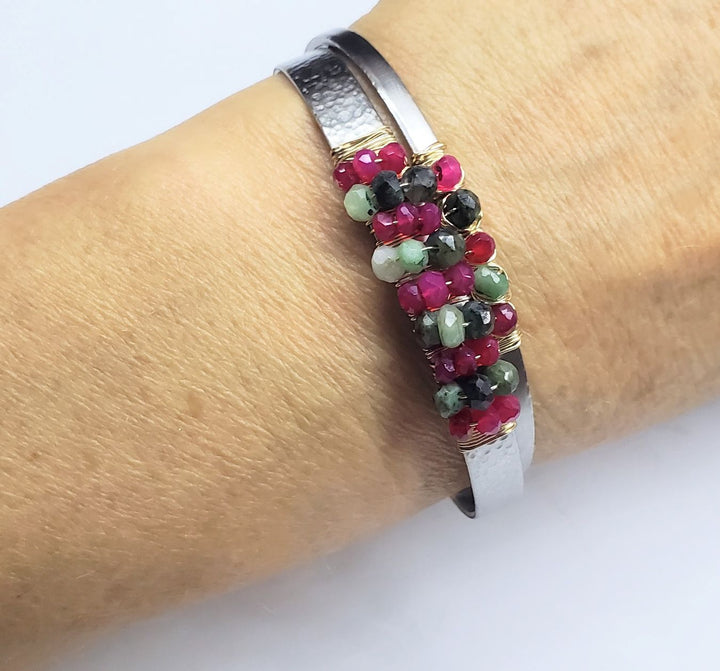 14 K Gold Filled Wire Wrapped Ruby Emerald Gemstone Stainless Steel Cuffs