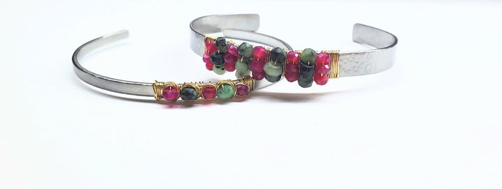 14 K Gold Filled Wire Wrapped Ruby Emerald Gemstone Stainless Steel Cuffs