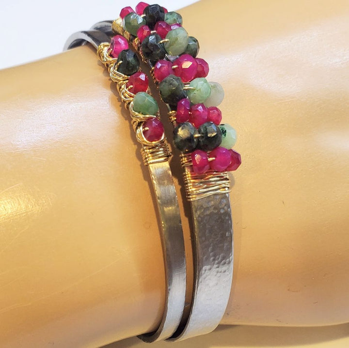 14 K Gold Filled Wire Wrapped Ruby Emerald Gemstone Stainless Steel Cuffs