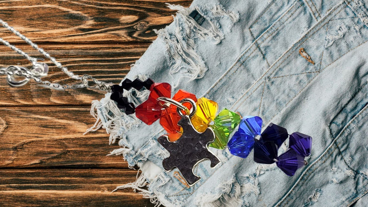 AMD1271-AMD1271-2 Wire Woven Rainbow Autism Puzzle Piece Bar Necklace-2024 Limited Edition - Necklace - Alexa Martha Designs   9119753109808