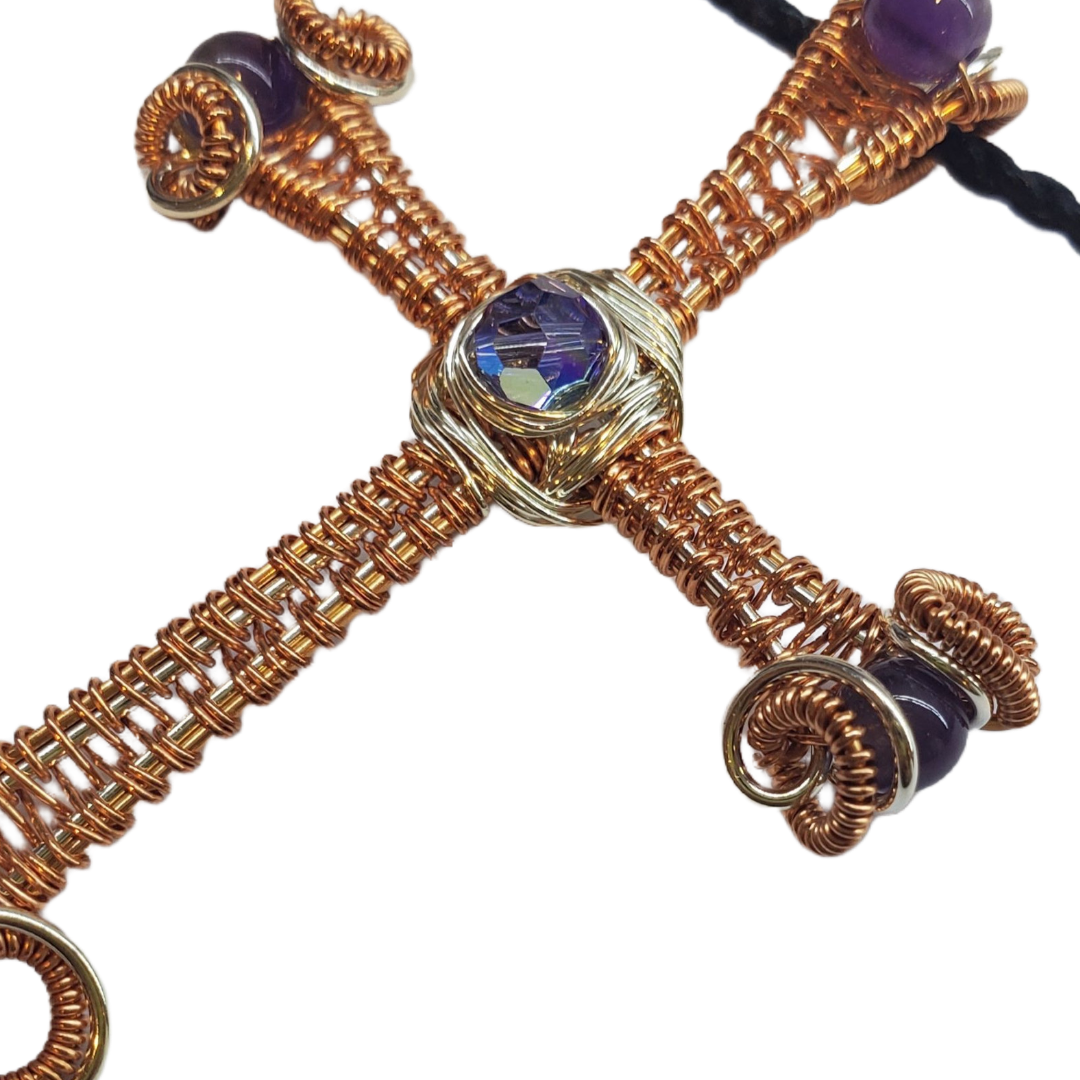 AMD1256 Large Intricate Amethyst Beaded Wire Woven Copper and Silver Cross Crystal Necklace - Necklace - Alexa Martha Designs   8879131459888