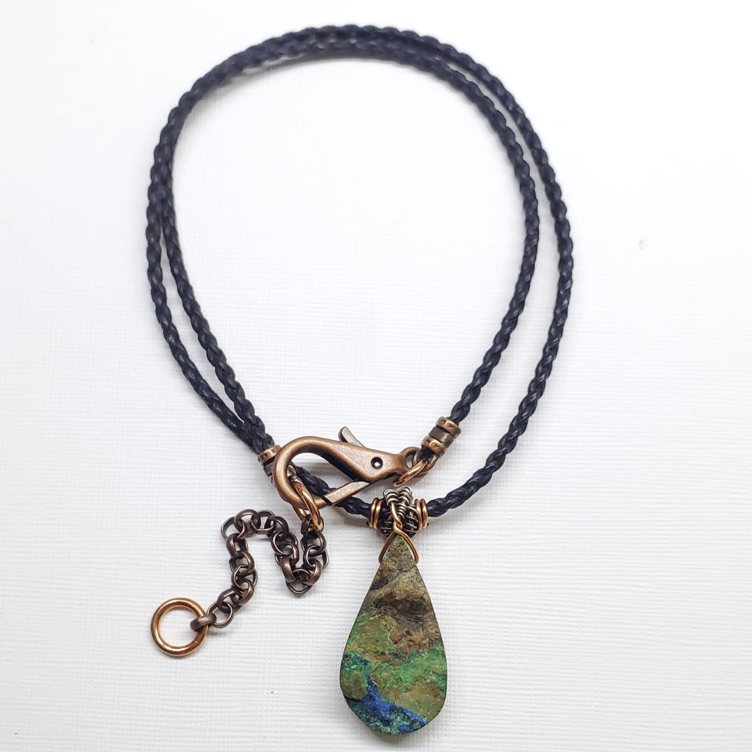 AMD1283 Wire Wrapped Natural Azurite Malachite Drop Vegan Cord Necklace - Necklace - Alexa Martha Designs   9448960622896