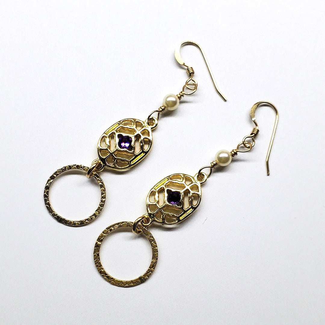 AMD1140 14 K Gold Filled Purple Crystal Hammered Circle Filigree Earrings - Earrings - Alexa Martha Designs   11946985732