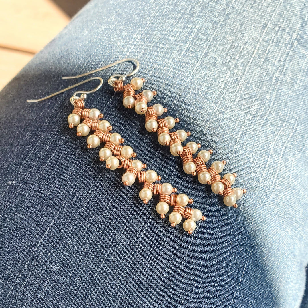 AMD1316-AMD1316-2 Long Copper Wire Coiled Braided Swarovski Crystal Pearl Earrings - Earrings - Alexa Martha Designs   9885689905456