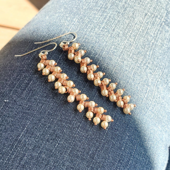 AMD1316-AMD1316-2 Long Copper Wire Coiled Braided Swarovski Crystal Pearl Earrings - Earrings - Alexa Martha Designs   9885689905456