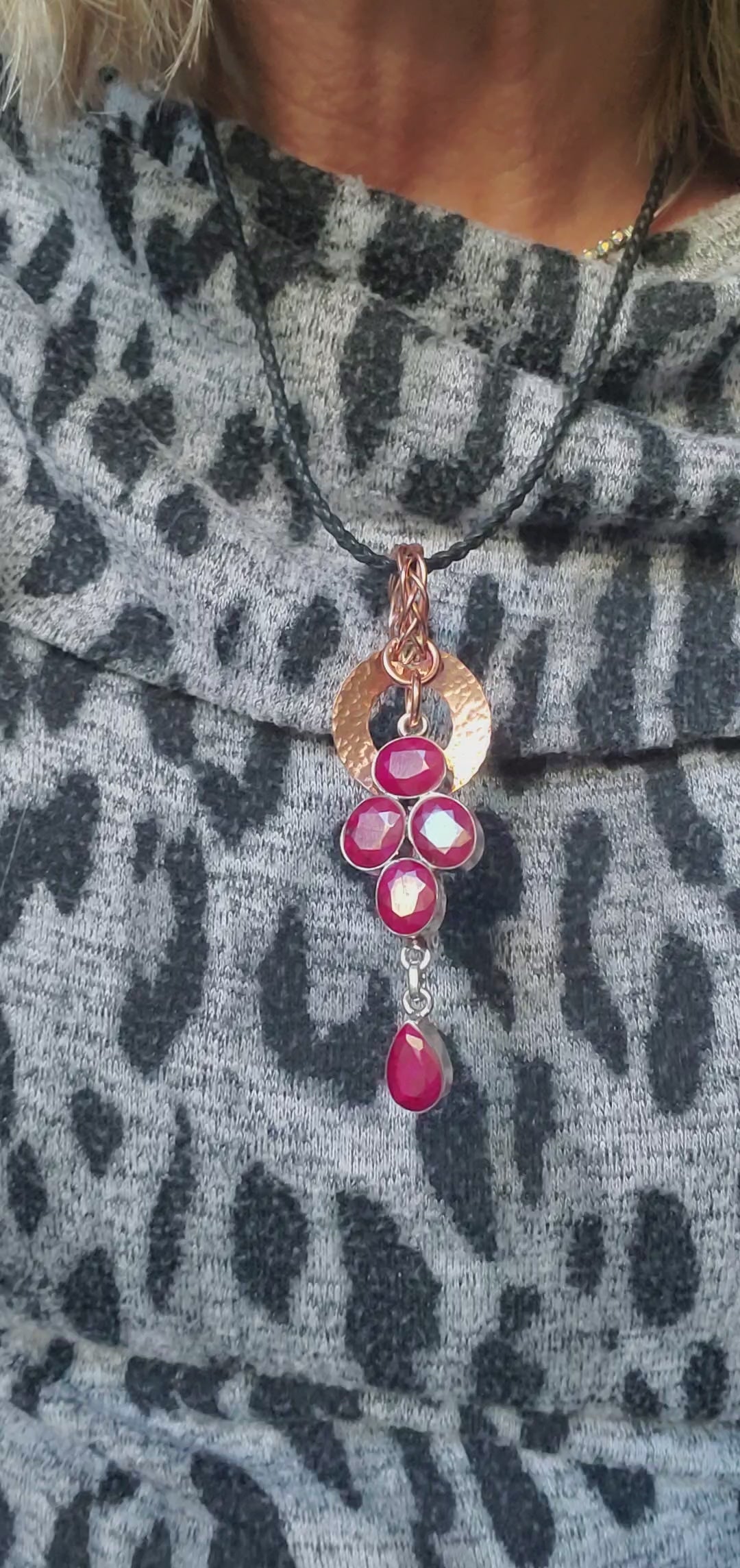 Handmade Copper 5 Wire Braided Bail Hammered Donut Raw Cut Ruby Cascading Pendant