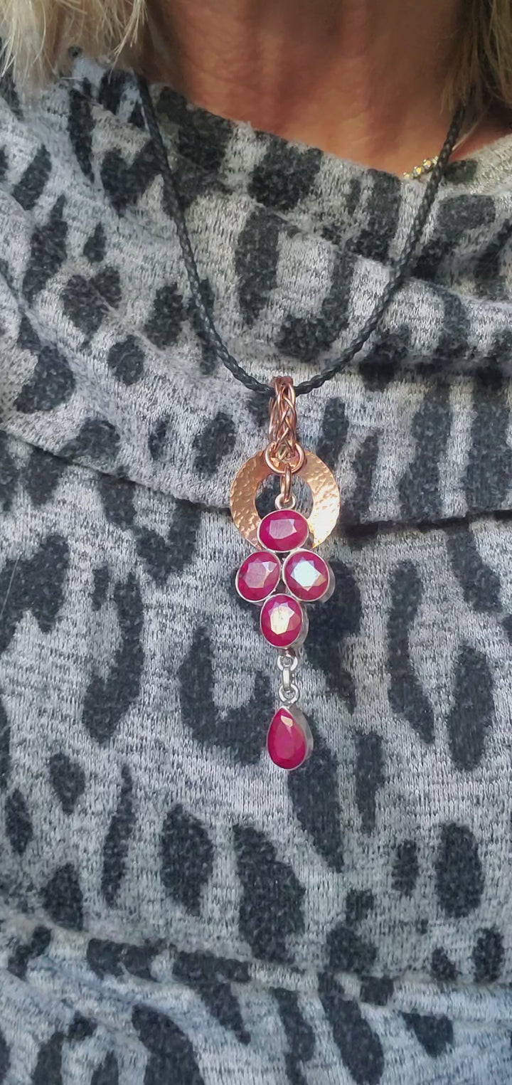 Handmade Copper 5 Wire Braided Bail Hammered Donut Raw Cut Ruby Cascading Pendant