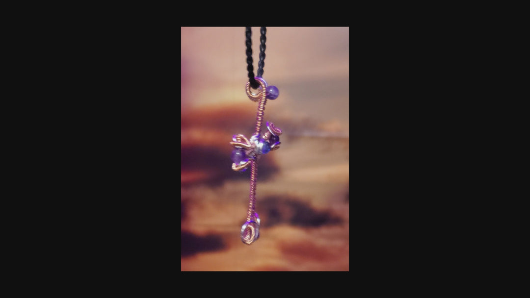 Large Intricate Amethyst Beaded Wire Woven Copper and Silver Cross Crystal Necklace