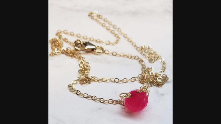 Tiny Hot Pink Chalcedony Gold Filled Necklace