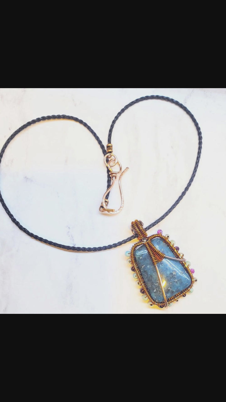 Reversible Copper Wire Wrapped Dancing Ballerina Teal Dyed Kiwi Stone Pendant Necklace