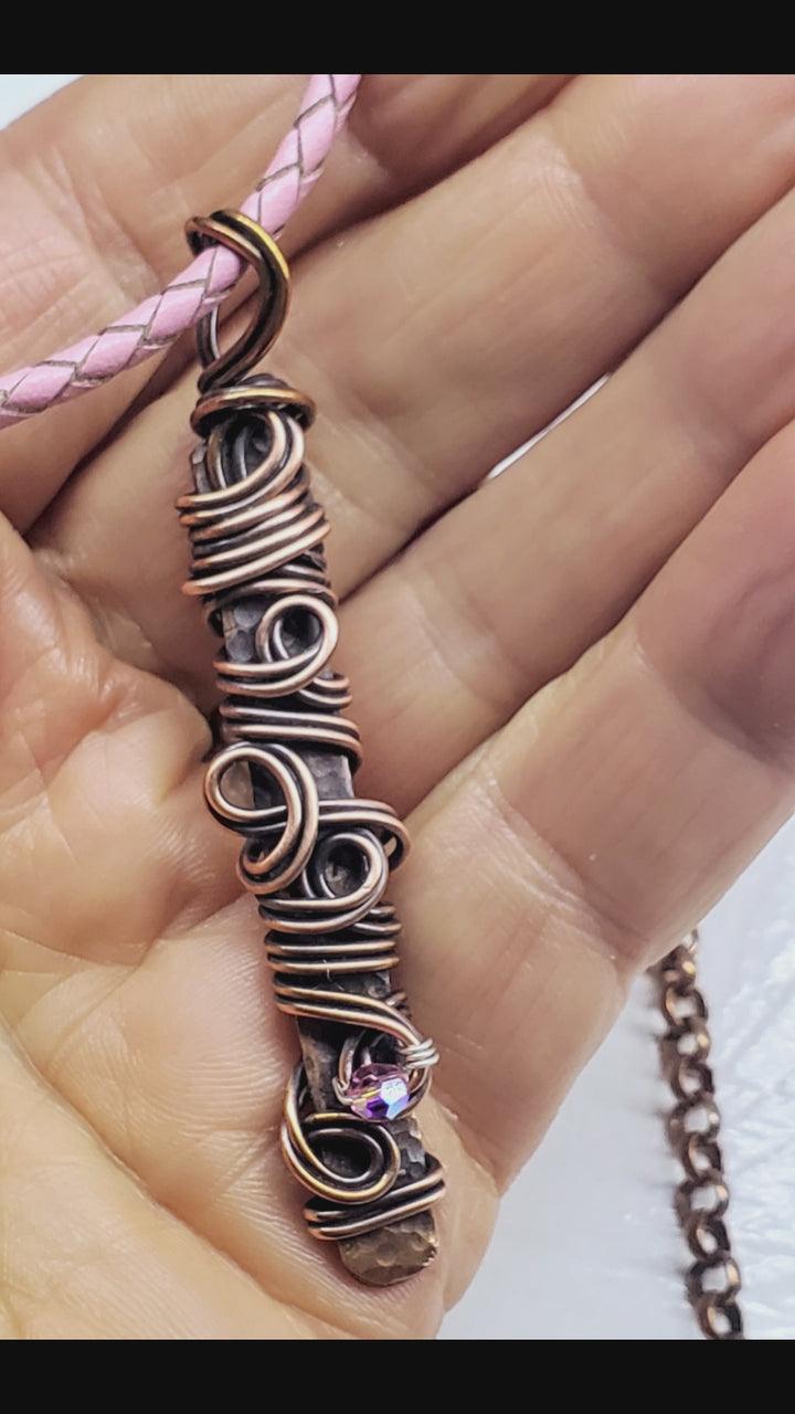 Handmade Wire Sculpted Ribbon Pink Crystal Copper Bar Pendant Necklace
