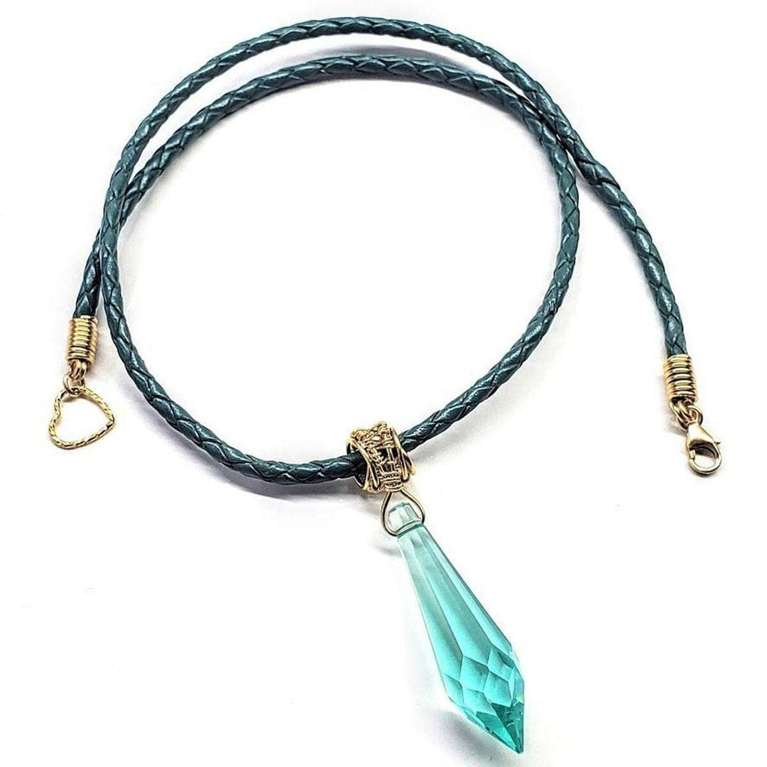 14 K Gold Filled Wire Wrapped Aqua Crystal Teardrop Leather Choker Necklace - Necklace - Alexa Martha Designs   