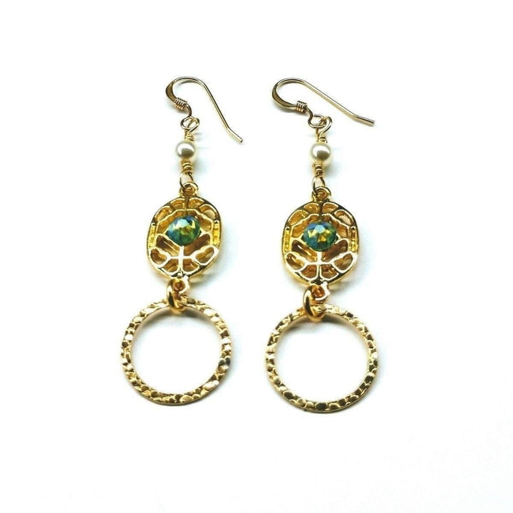 AMD1139 14 KT Gold Filled Green Crystal Hammered Circle Filigree Earrings - Earrings - Alexa Martha Designs   11944860164