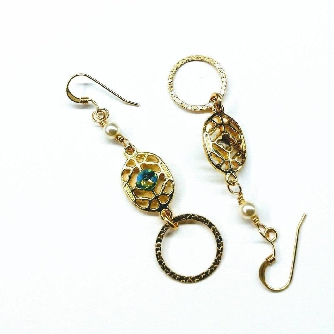 AMD1139 14 KT Gold Filled Green Crystal Hammered Circle Filigree Earrings - Earrings - Alexa Martha Designs   11944860164