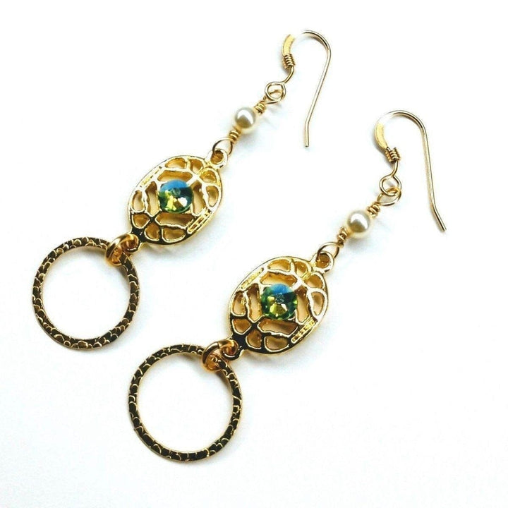 AMD1139 14 KT Gold Filled Green Crystal Hammered Circle Filigree Earrings - Earrings - Alexa Martha Designs   11944860164