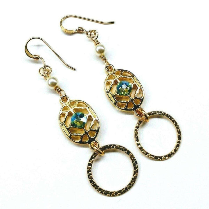 AMD1139 14 KT Gold Filled Green Crystal Hammered Circle Filigree Earrings - Earrings - Alexa Martha Designs   11944860164