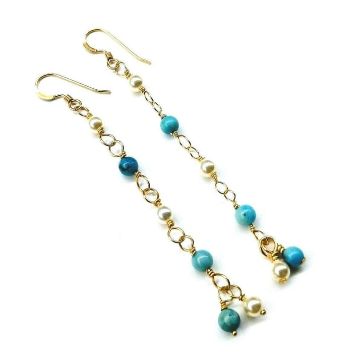 AMD1059 14 KT Gold Filled Wire Wrapped Long Turquoise Pearl Dangle Earrings - Earrings - Alexa Martha Designs   85650210820
