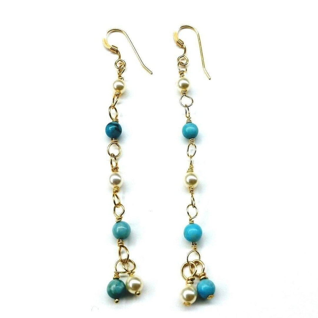 AMD1059 14 KT Gold Filled Wire Wrapped Long Turquoise Pearl Dangle Earrings - Earrings - Alexa Martha Designs   85650210820