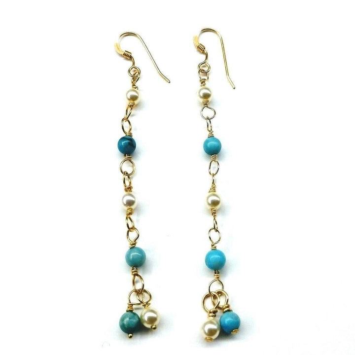 AMD1059 14 KT Gold Filled Wire Wrapped Long Turquoise Pearl Dangle Earrings - Earrings - Alexa Martha Designs   85650210820
