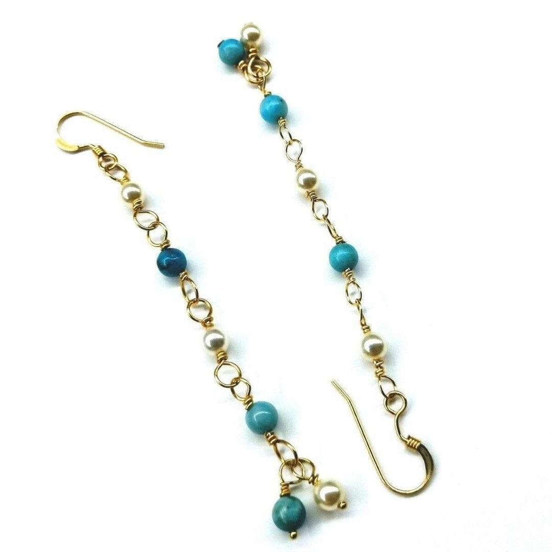 AMD1059 14 KT Gold Filled Wire Wrapped Long Turquoise Pearl Dangle Earrings - Earrings - Alexa Martha Designs   85650210820