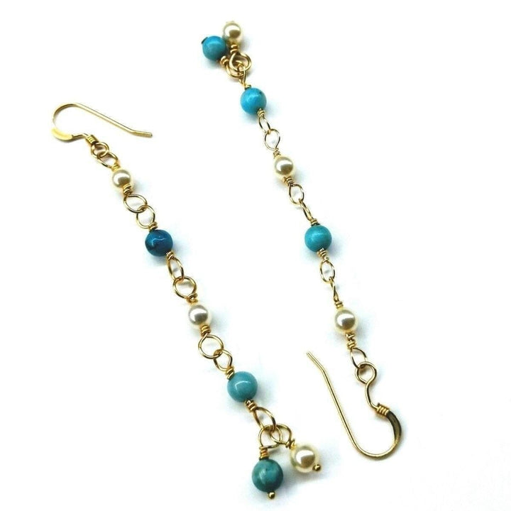 AMD1059 14 KT Gold Filled Wire Wrapped Long Turquoise Pearl Dangle Earrings - Earrings - Alexa Martha Designs   85650210820