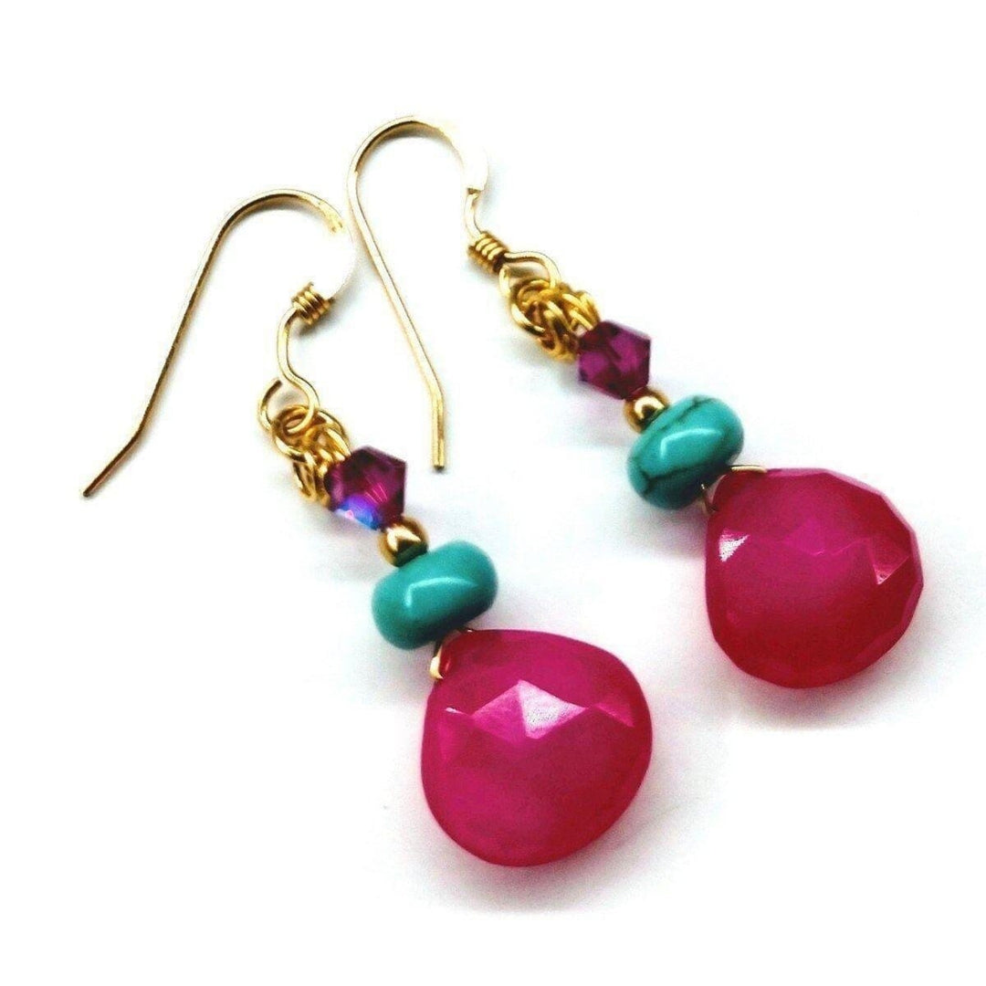 AMD1123 14 KT Gold Filled Wire Wrapped Pink And Turquoise Drop Gemstone Earrings - Earrings - Alexa Martha Designs   10808592708