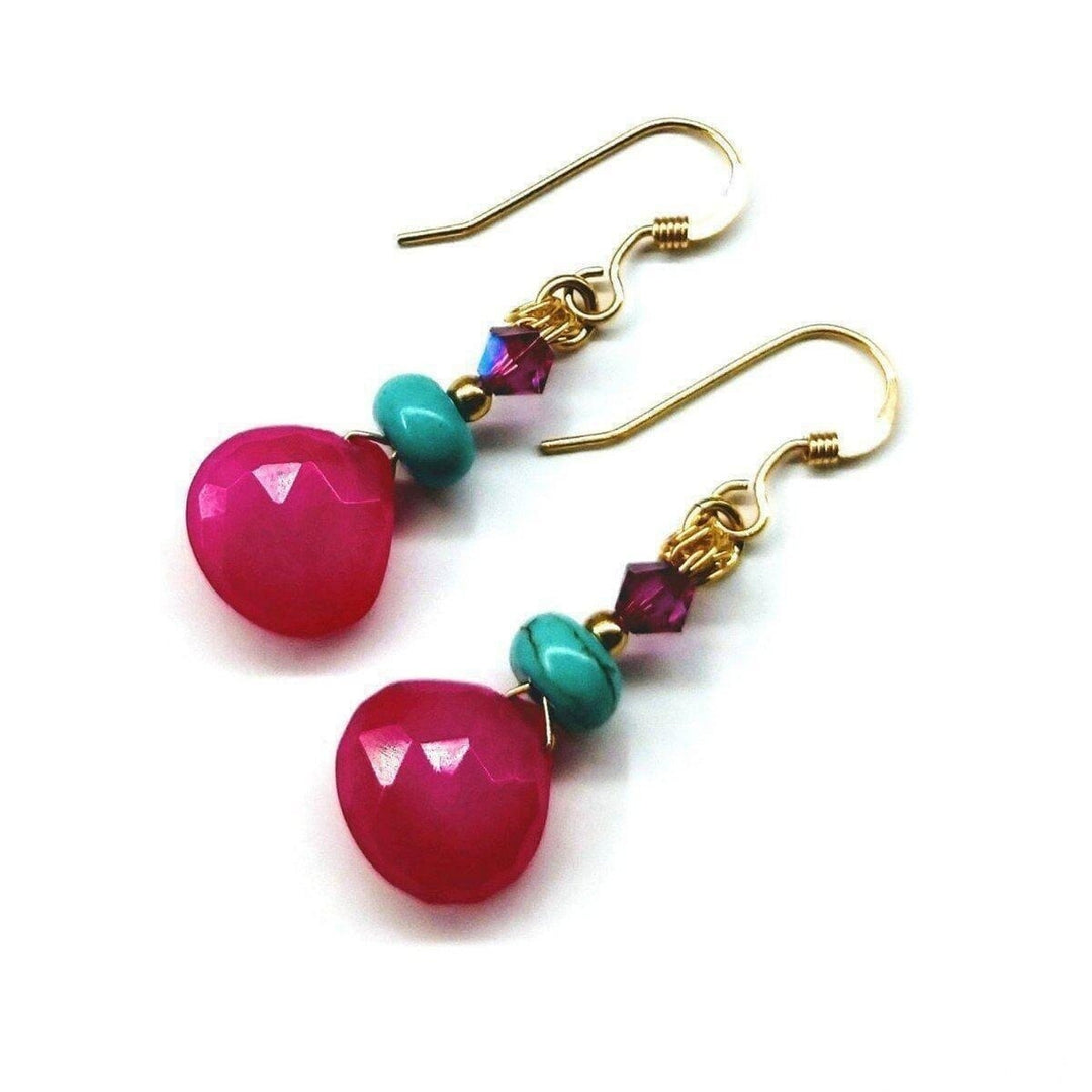 14 KT Gold Filled Wire Wrapped Pink And Turquoise Drop Gemstone Earrings - Earrings - Alexa Martha Designs   