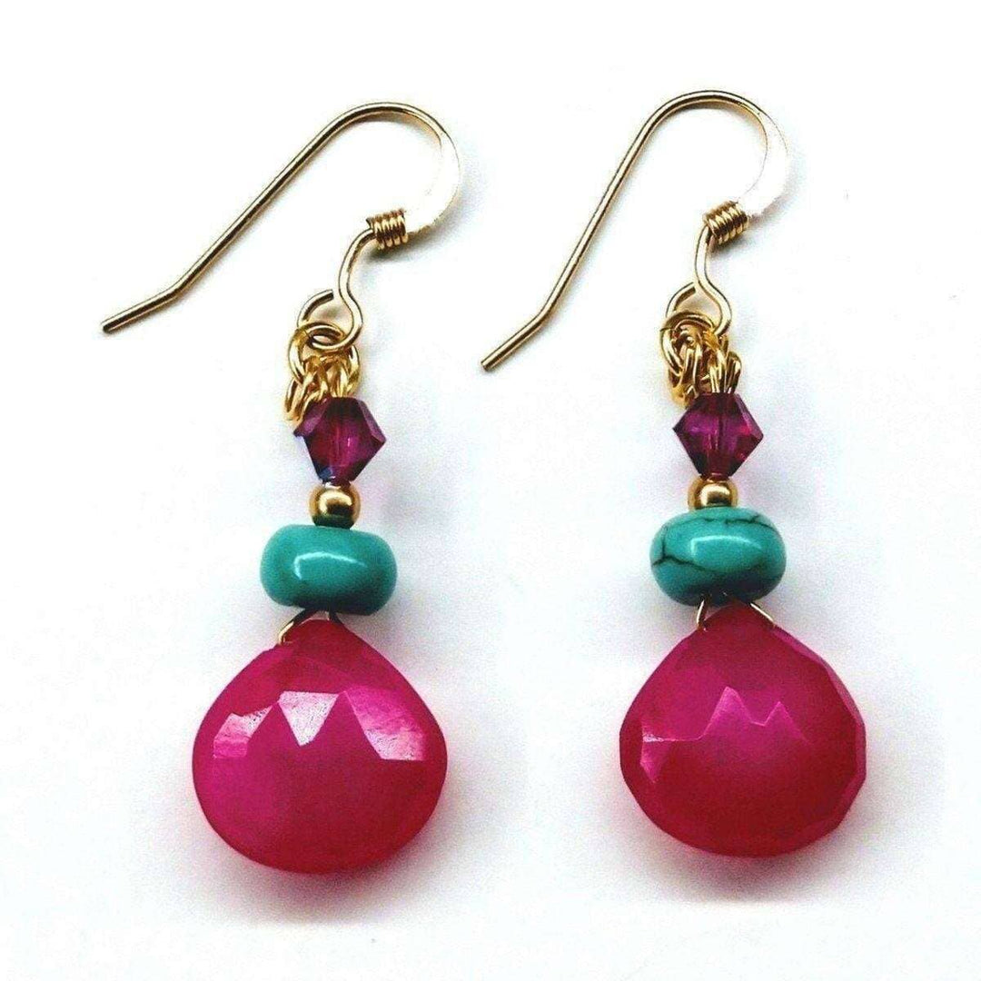 AMD1123 14 KT Gold Filled Wire Wrapped Pink And Turquoise Drop Gemstone Earrings - Earrings - Alexa Martha Designs   10808592708