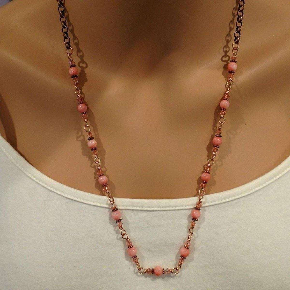 AMD1069 24-Inch Copper Peach Pearl Crystal Wire Wrapped Necklace - Necklace - Alexa Martha Designs   11389236164