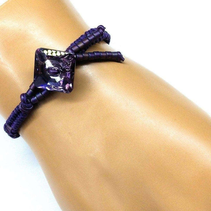 AMD1180 Amethyst Braided Leather Swarovski Crystal Square Button Bracelet - Bracelet - Alexa Martha Designs   976071098415