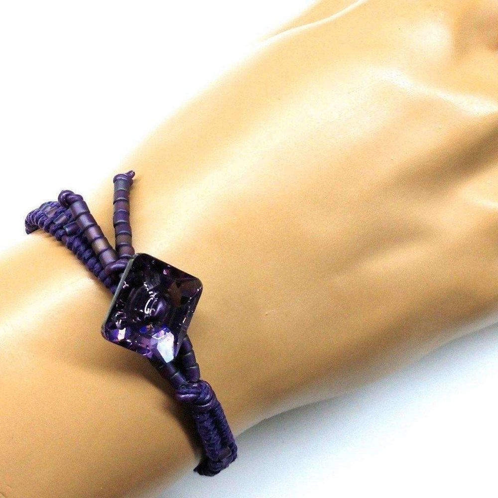 AMD1180 Amethyst Braided Leather Swarovski Crystal Square Button Bracelet - Bracelet - Alexa Martha Designs   976071098415