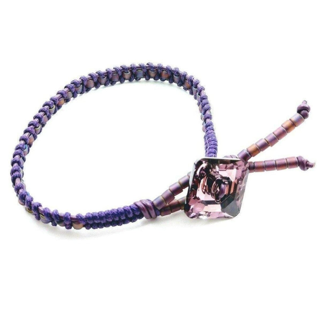 AMD1180 Amethyst Braided Leather Swarovski Crystal Square Button Bracelet - Bracelet - Alexa Martha Designs   976071098415