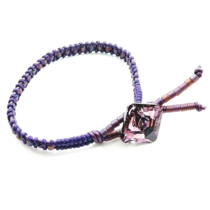 AMD1180 Amethyst Braided Leather Swarovski Crystal Square Button Bracelet - Bracelet - Alexa Martha Designs   976071098415