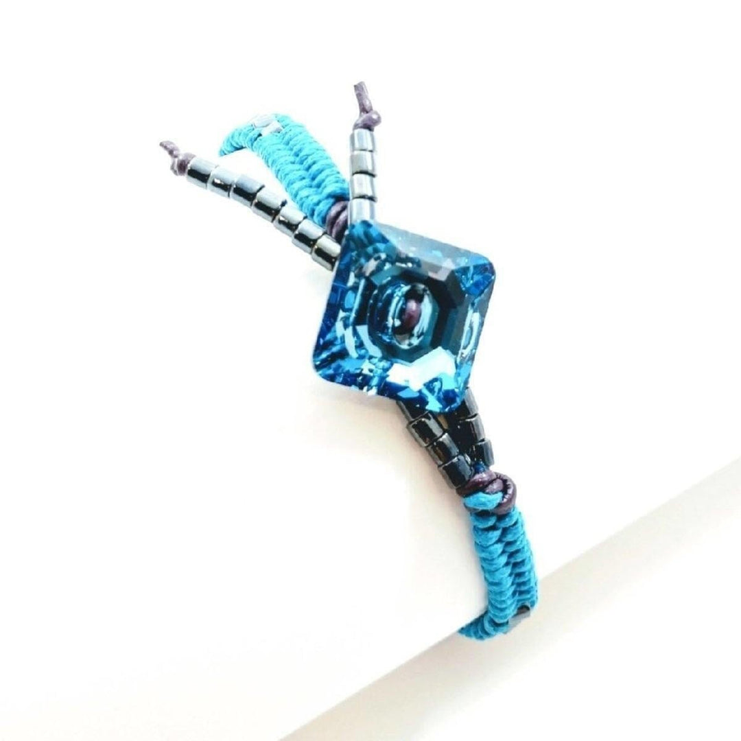 AMD1179 Aqua Hematite Bead Braided Square Swarovski Crystal Button Bracelet - Bracelet - Alexa Martha Designs   974467039279