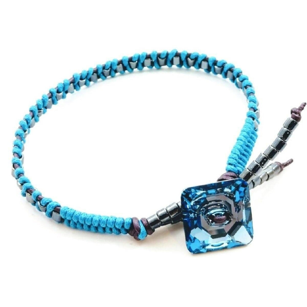 Aqua Hematite Bead Braided Square Swarovski Crystal Button Bracelet - Bracelet - Alexa Martha Designs   