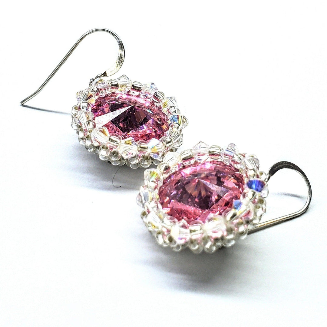 AMD1112 Beaded Bezel Pink Crystal Halo Earrings - Earrings - Alexa Martha Designs   6748161900591