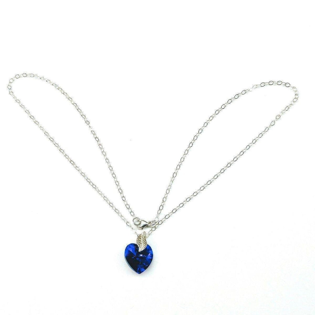 Blue Azure Crystal Heart Silver Leaf Necklace - Necklace - Alexa Martha Designs   