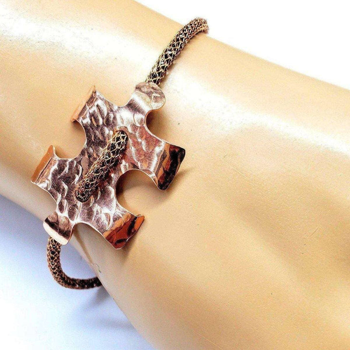 Copper Puzzle Piece Button Viking Knit Autism Awareness Bracelet - Bracelets - Alexa Martha Designs   