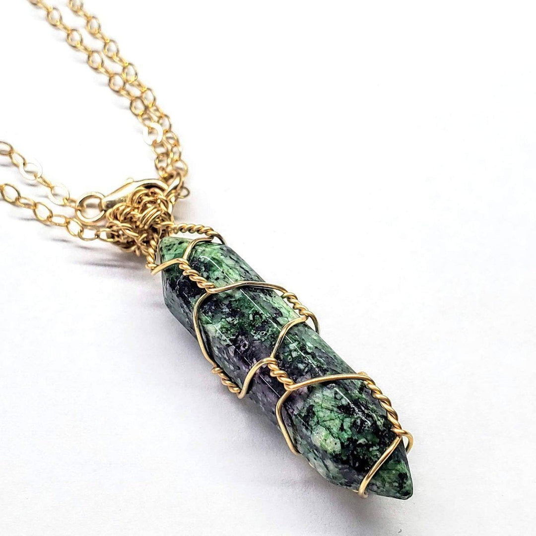 AMD1218 Gold Wire Wrapped Caged In Ruby In Zoisite Pointed Crystal Necklace - Necklace - Alexa Martha Designs   4660273414191