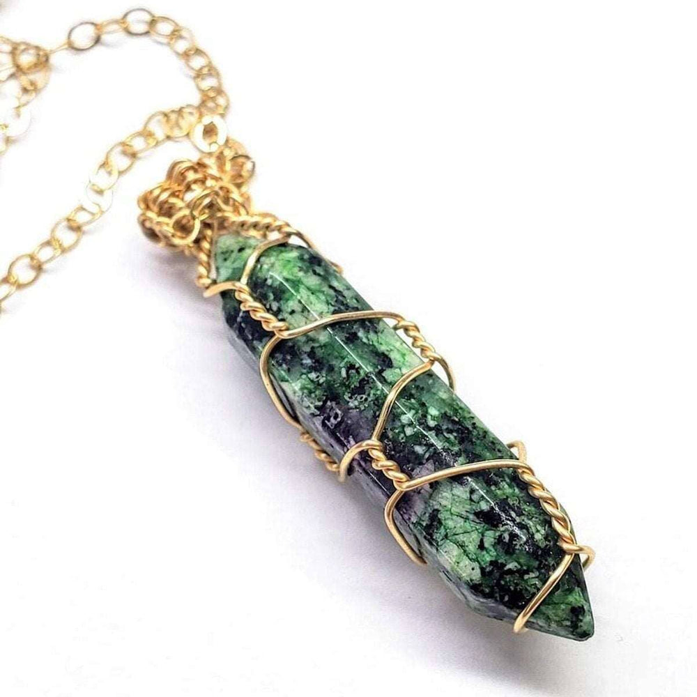 AMD1218 Gold Wire Wrapped Caged In Ruby In Zoisite Pointed Crystal Necklace - Necklace - Alexa Martha Designs   4660273414191