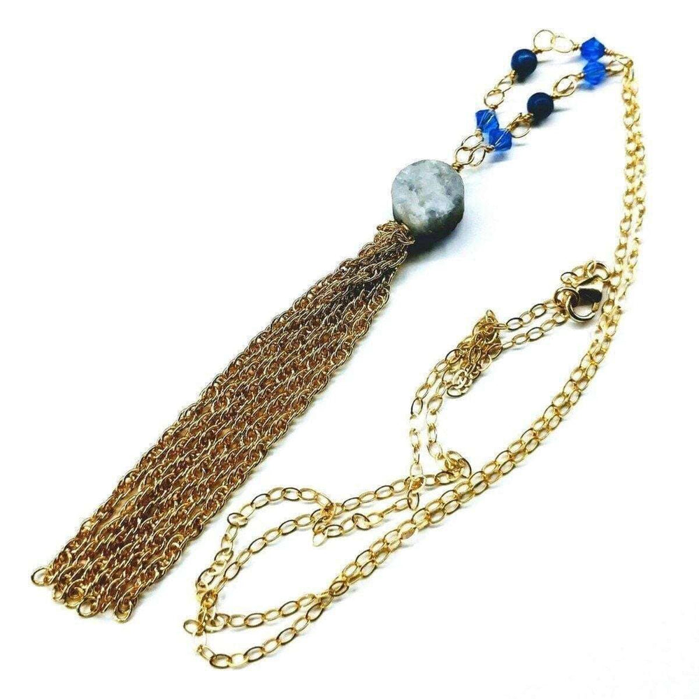 AMD1064 Golden Blue Druzy Chain Tassel Necklace - Necklaces - Alexa Martha Designs   11340471492
