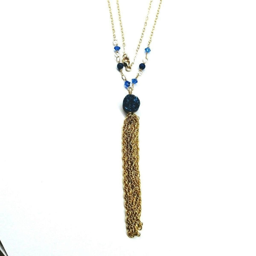 AMD1064 Golden Blue Druzy Chain Tassel Necklace - Necklaces - Alexa Martha Designs   11340471492