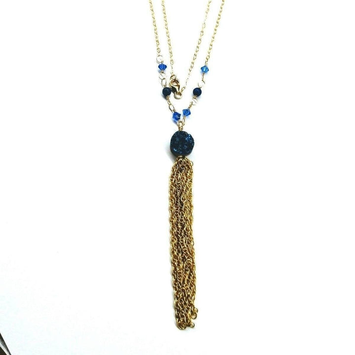 AMD1064 Golden Blue Druzy Chain Tassel Necklace - Necklaces - Alexa Martha Designs   11340471492