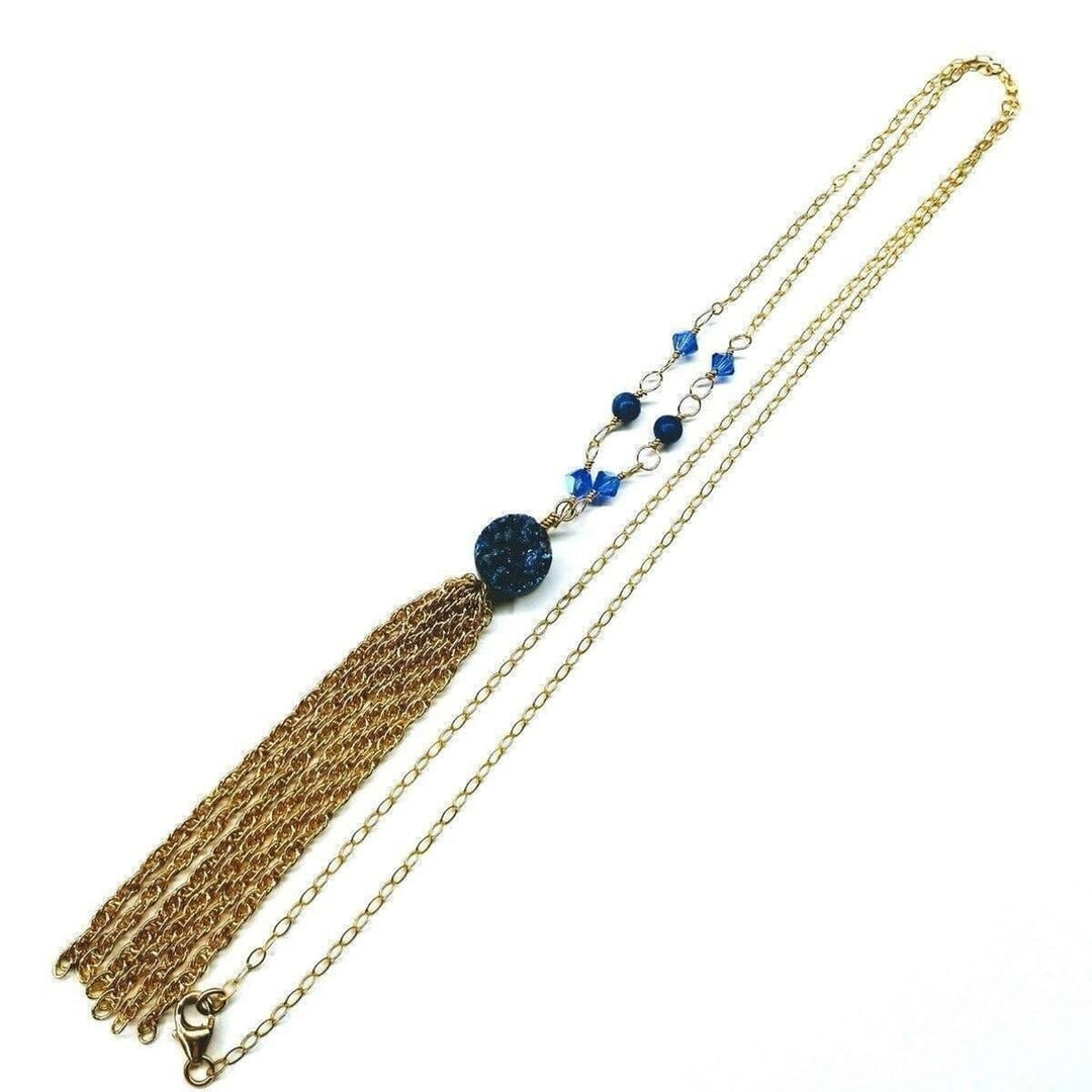 AMD1064 Golden Blue Druzy Chain Tassel Necklace - Necklaces - Alexa Martha Designs   11340471492